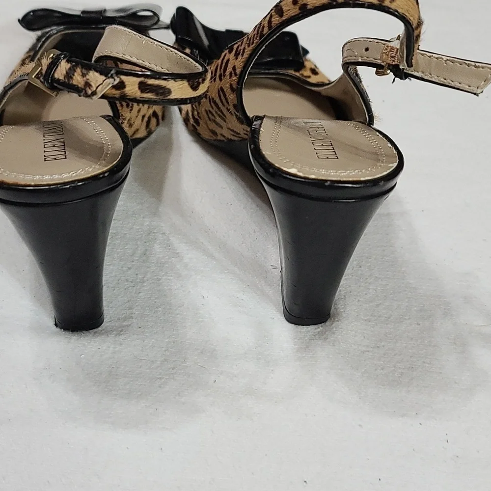 Ellen Tracy Womens Slingback Wedge Shoes Cheetah Print Cow Hair Blk Bow Sz 6 GUC